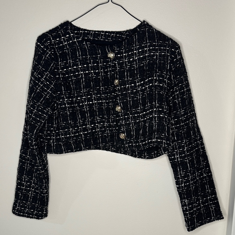 SHEIN Black and White Tweed Button-Up Top